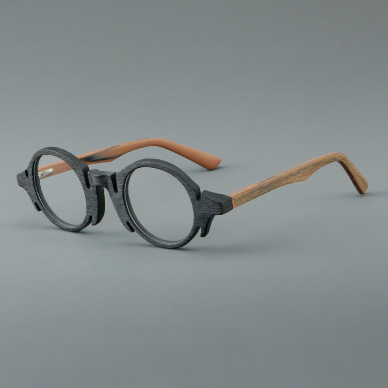 
Montura de gafas redondas de acetato con efecto de madera, frente esculpido y patillas moldeadas - Gris y marrón