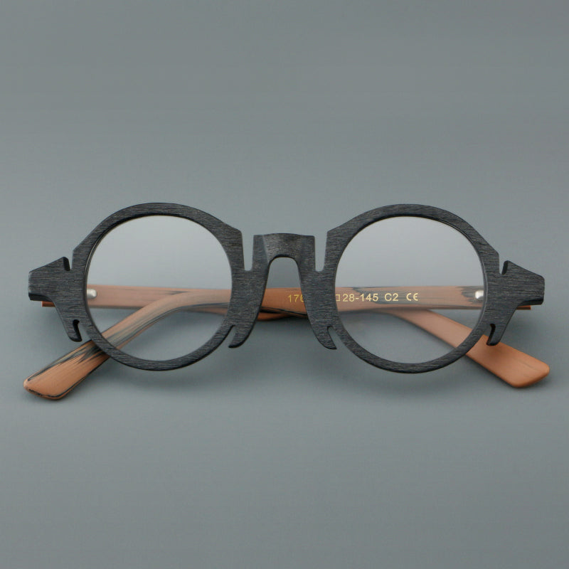 
Montura de gafas redondas de acetato con efecto de madera, frente esculpido y patillas moldeadas - Imagen 4
