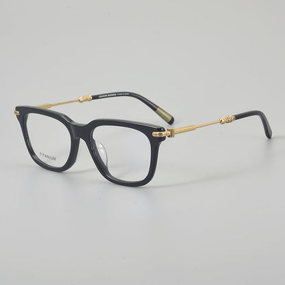 
Monturas de gafas retro cuadradas redondeadas con aros completos y detalles metálicos en las esquinas