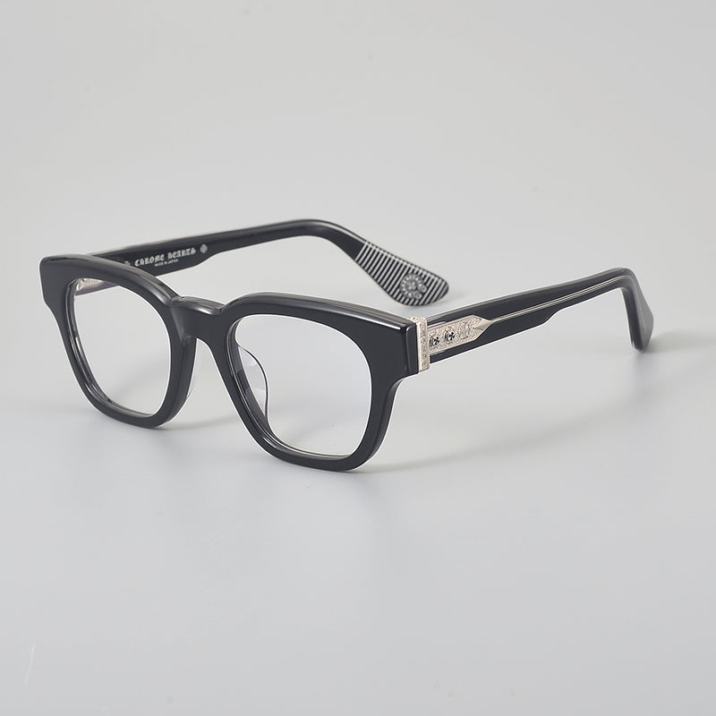 
Monturas de gafas rectangulares de acetato y titanio con esquinas redondeadas y detalles estampados en las varillas - Negro y plata