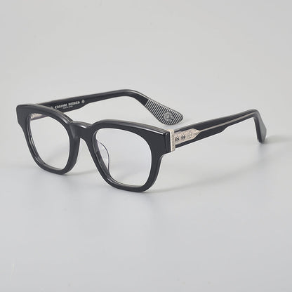 
Monturas de gafas rectangulares de acetato y titanio con esquinas redondeadas y detalles estampados en las varillas - Imagen 4