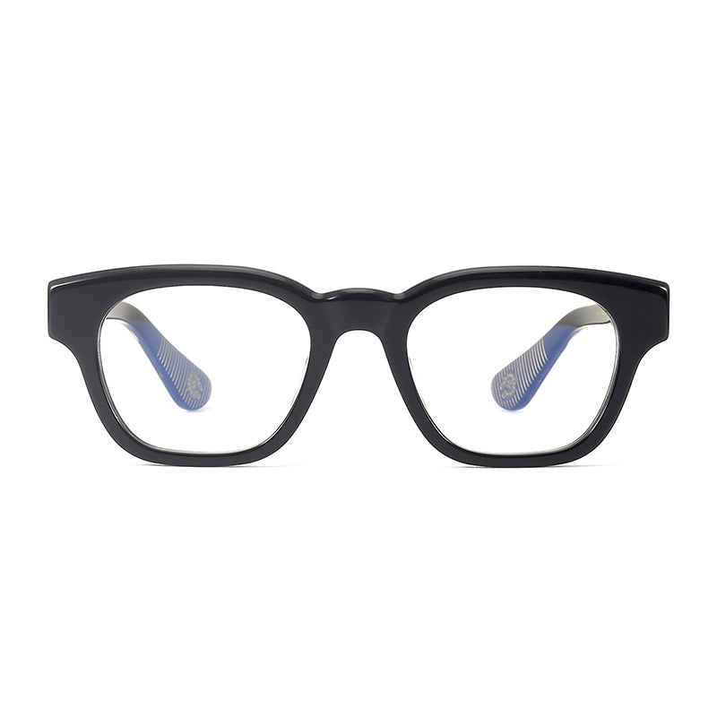 
Monturas de gafas rectangulares de acetato y titanio con esquinas redondeadas y detalles estampados en las varillas