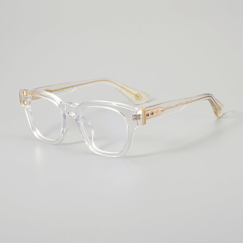 
Monturas de gafas rectangulares de acetato y titanio con esquinas redondeadas y detalles estampados en las varillas - Transparente