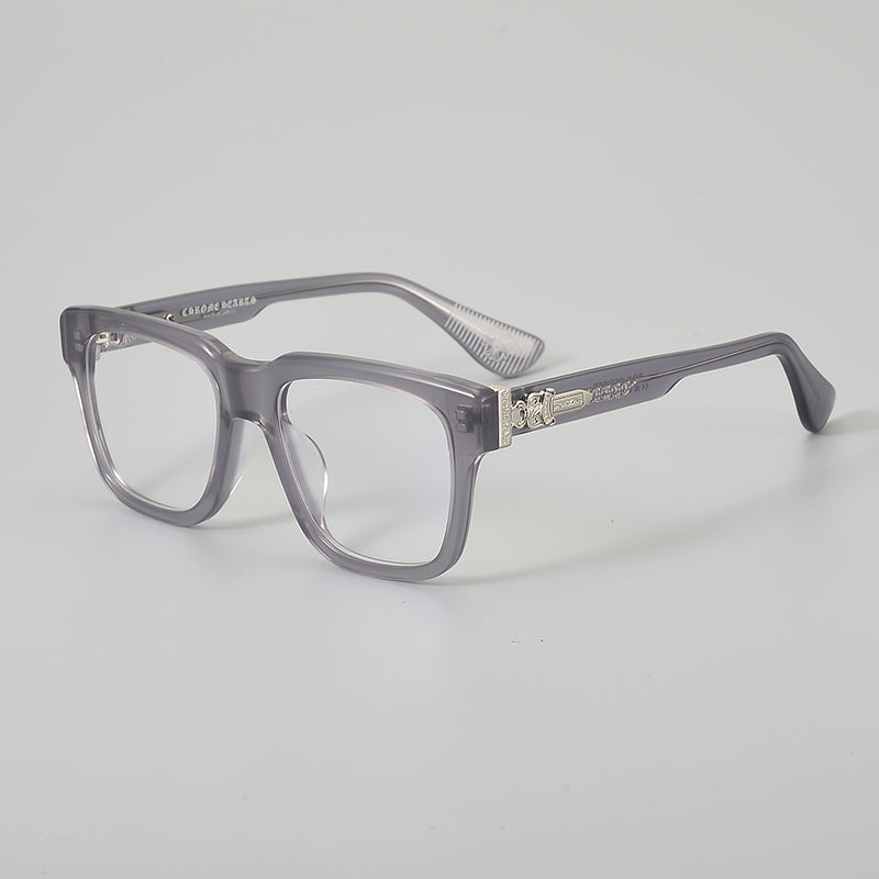 
Monturas de gafas rectangulares de acetato con aros completos esculpidos y paneles decorativos en las varillas - Gris transparente y plateado