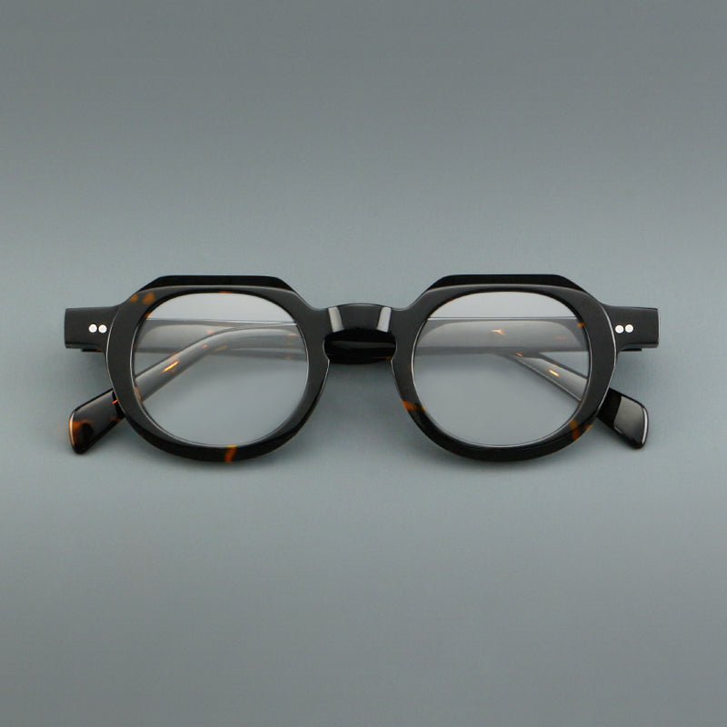 
Monturas de gafas vintage redondas de acetato, puente de cerradura profundo y detalles de remaches sutiles