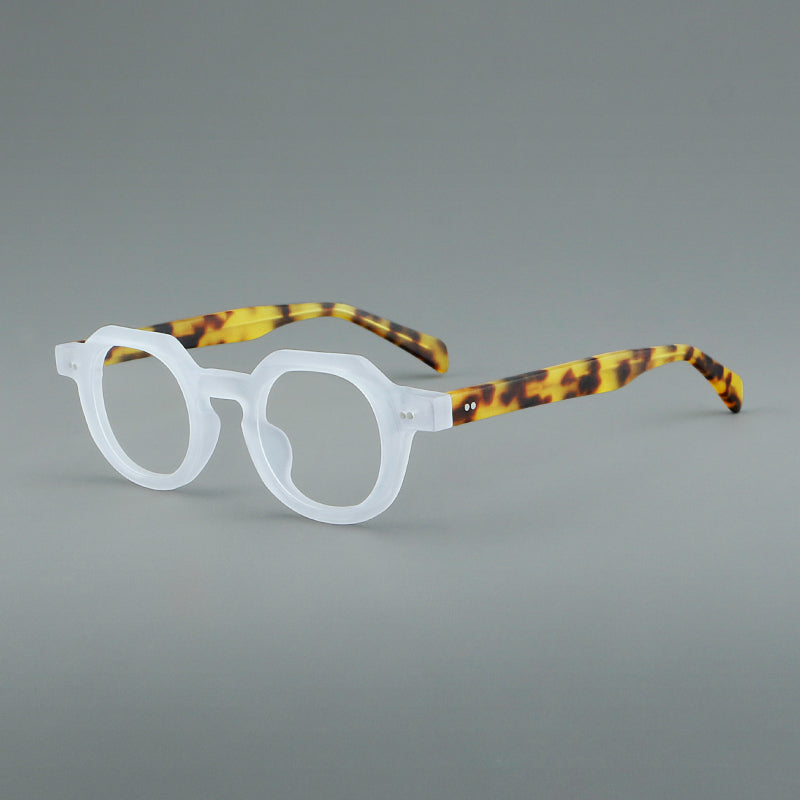 
Monturas de gafas vintage redondas de acetato, puente de cerradura profundo y detalles de remaches sutiles - Transparente esmerilado y carey