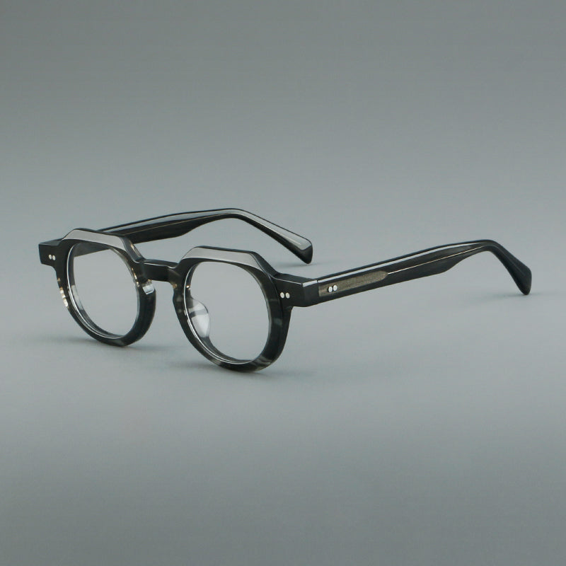 
Monturas de gafas vintage redondas de acetato, puente de cerradura profundo y detalles de remaches sutiles - Gris carbón