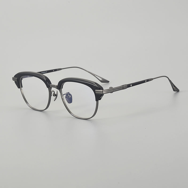 
Monturas de gafas retro Browline de titanio con aros rectangulares redondeados y marco inferior de metal - Negro y gris metálico