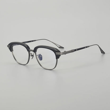 
Monturas de gafas retro Browline de titanio con aros rectangulares redondeados y marco inferior de metal