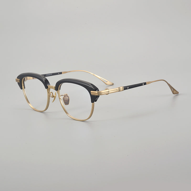 
Monturas de gafas retro Browline de titanio con aros rectangulares redondeados y marco inferior de metal - Negro y dorado