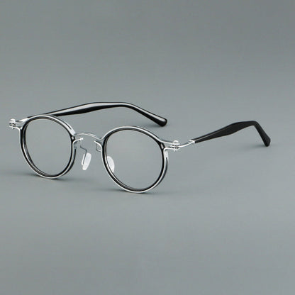 
Monturas de gafas redondas vintage con diseño de borde superpuesto y detalle de puente metálico - Imagen 11
