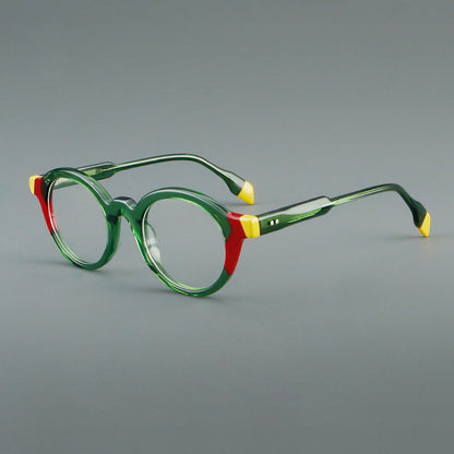 
Monturas de gafas redondas decorativas de acetato con detalles a rayas en las esquinas y varillas esculpidas - Imagen 4