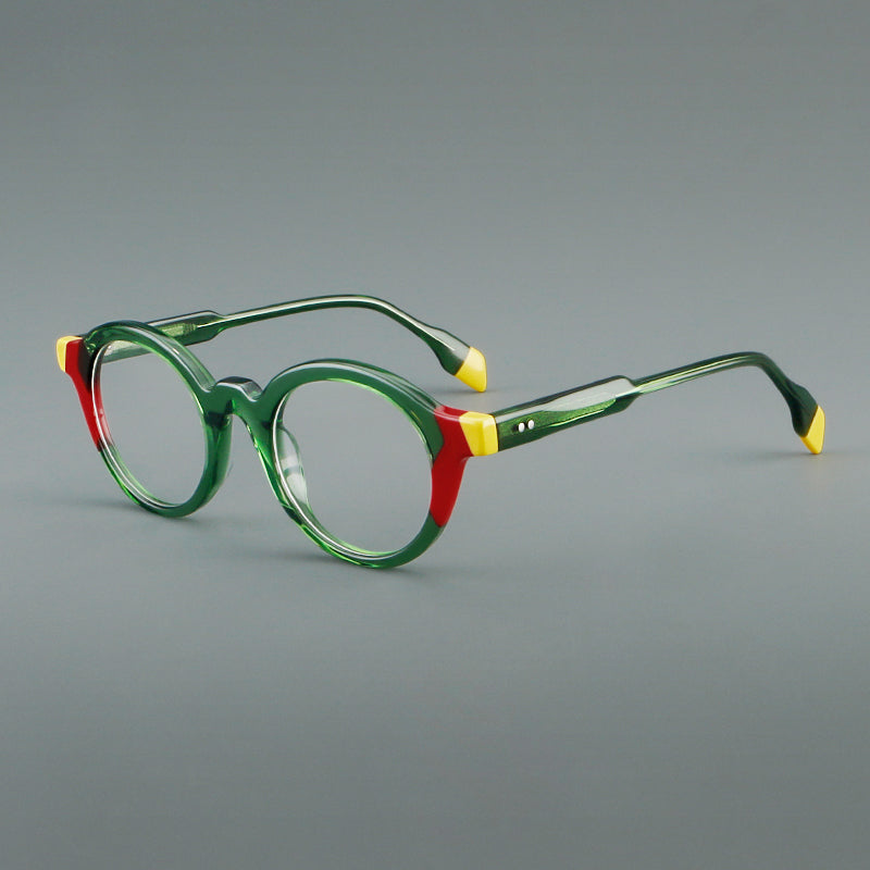 
Monturas de gafas redondas decorativas de acetato con detalles a rayas en las esquinas y varillas esculpidas