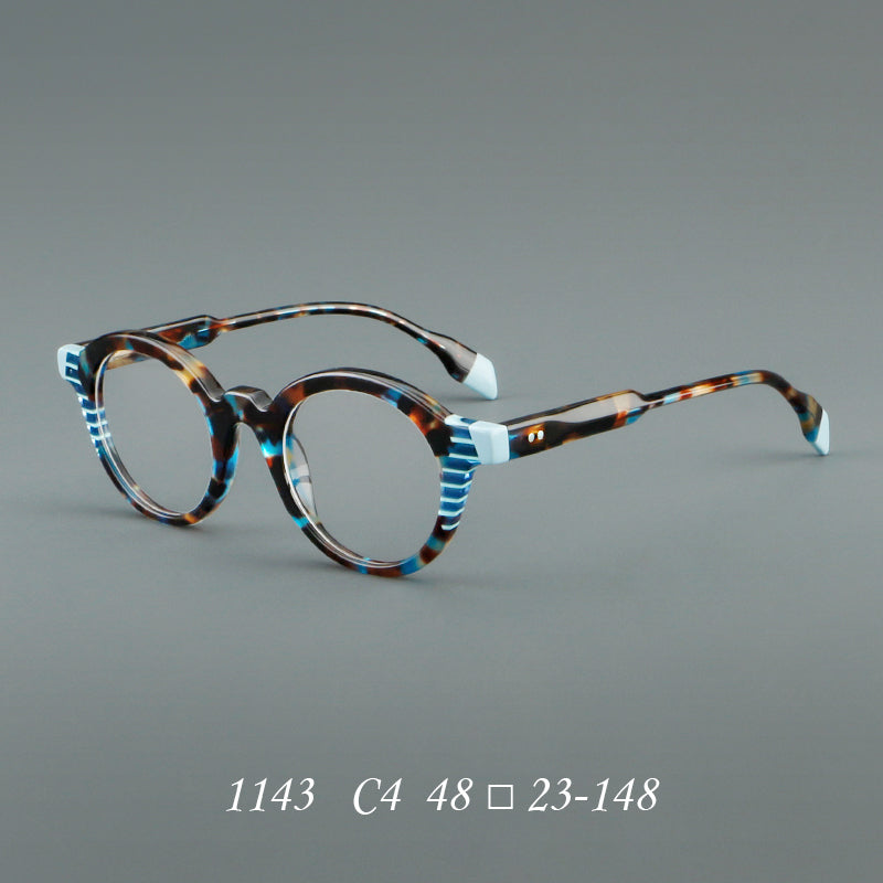 
Monturas de gafas redondas decorativas de acetato con detalles a rayas en las esquinas y varillas esculpidas - Carey y azul claro