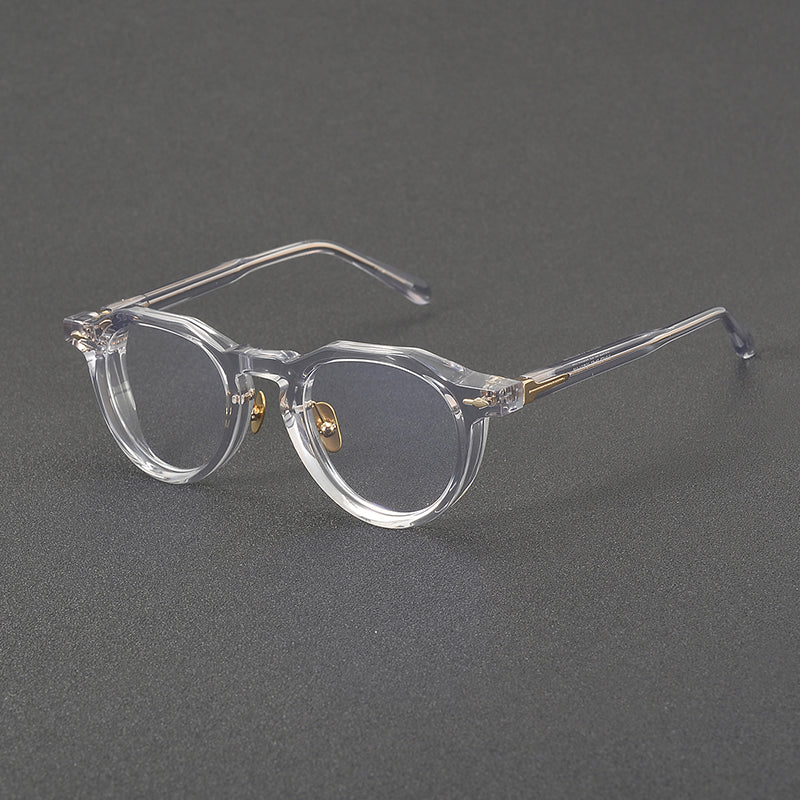 
Monturas de gafas redondas de acetato con esquinas superiores definidas y almohadillas nasales