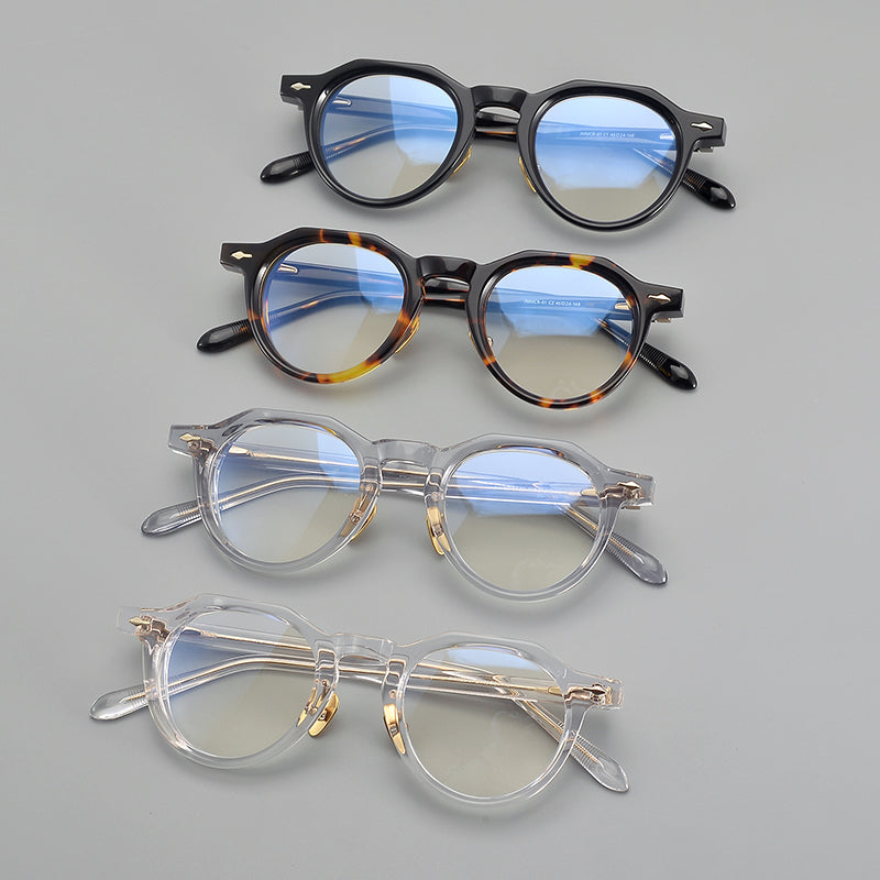 
Monturas de gafas redondas de acetato con esquinas superiores definidas y almohadillas nasales