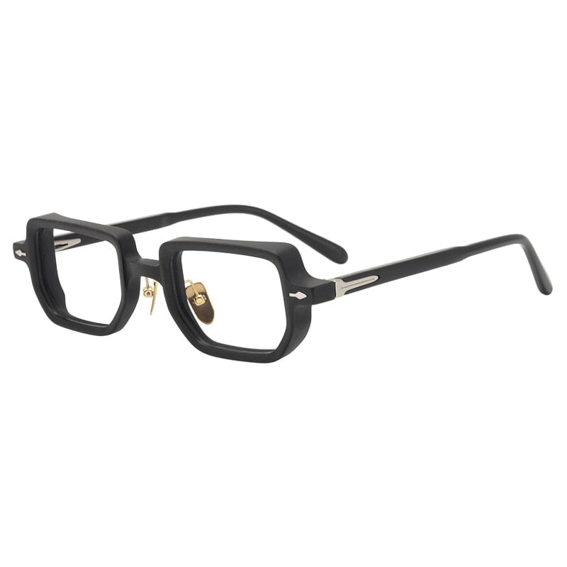
Monturas de gafas rectangulares retro con aros completos esculpidos y detalles metálicos en las varillas