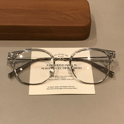 
Monturas de gafas retro tipo Browline con frente curvado, marrón té/dorado o gris transparente - Imagen 8